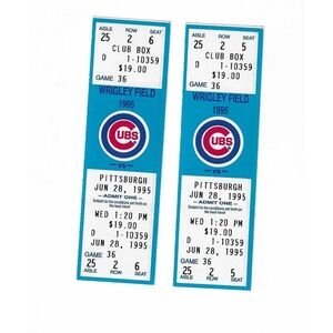 Chicago Cubs vs Pittsburgh Pirates Unused Baseball Tickets from‎ 6/28/1995
